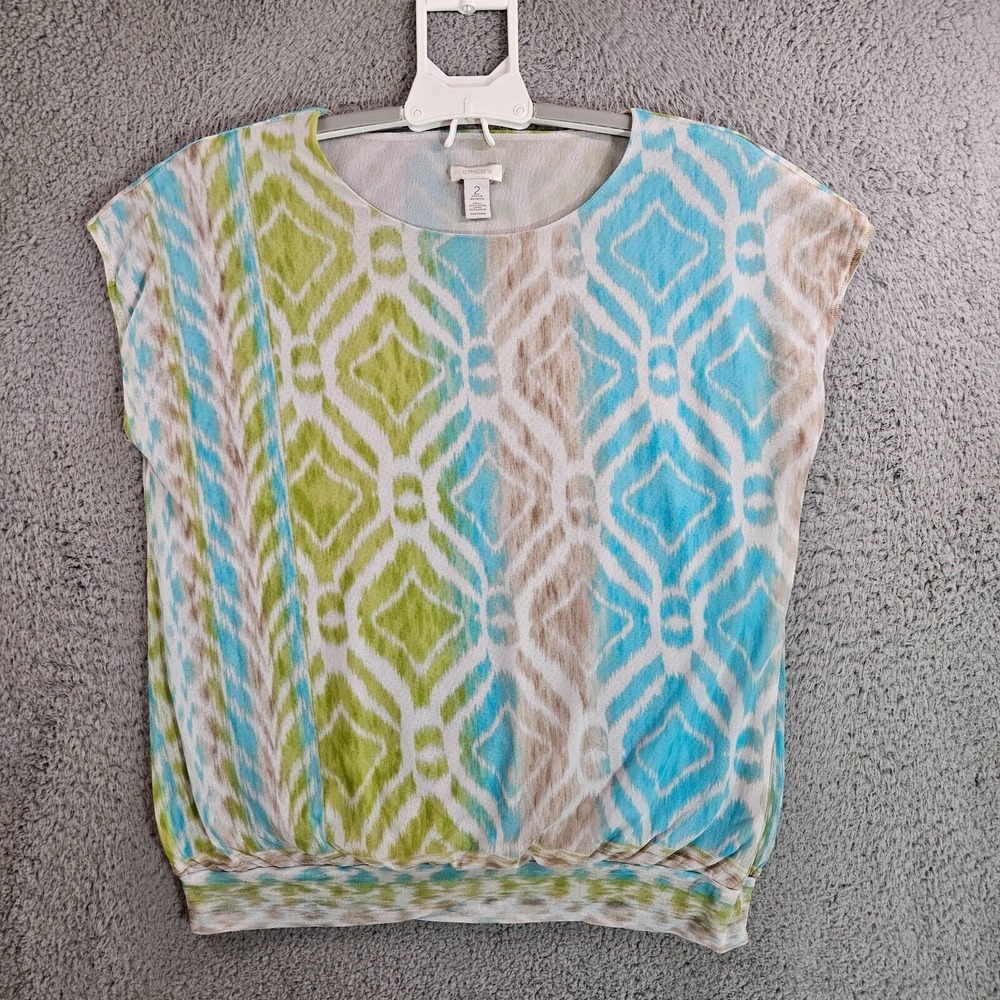 Chico's Top Blouse Women Size 2 Tribal Print Sheer Lined Cap Sleeve Stretch - 2